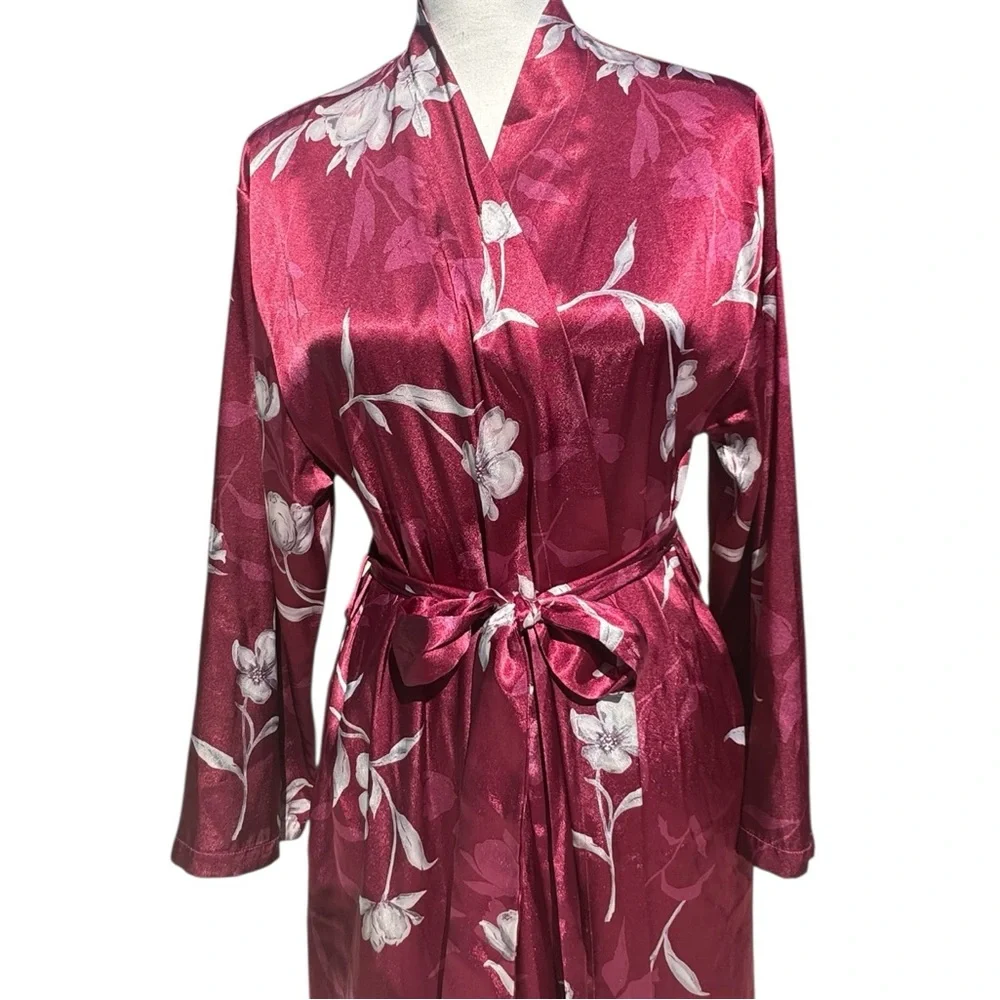 Halston Robe Burgundy Wine Floral L/XL